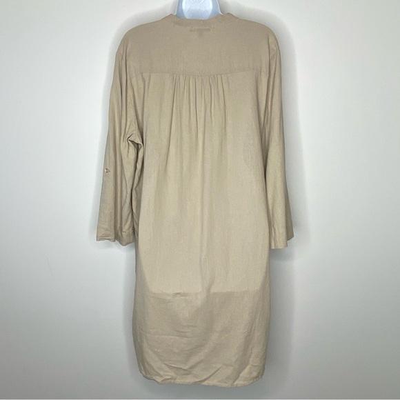 For Cynthia Natural Cream Tan Henley Front Linen Blend Dress - Picture 2 of 11